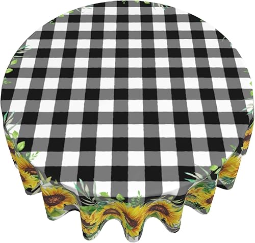 Miniatura 3 de Mantel redondo de girasol de 60 pulgadas, tela de búfalo blanco y negro, lavable, a prueba de derrames, sin arrugas, primavera y verano, para