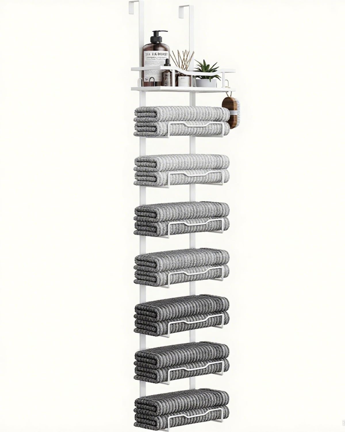 Photo 1 of Hanging Towel Racks for Bathroom No Drill - Over The Door 8-Tier Bath Towel Storage Organizer for Small Bathrooms - Back Door Large Tiered Towel Holder Hanger for Rolled Towels RV Camper White