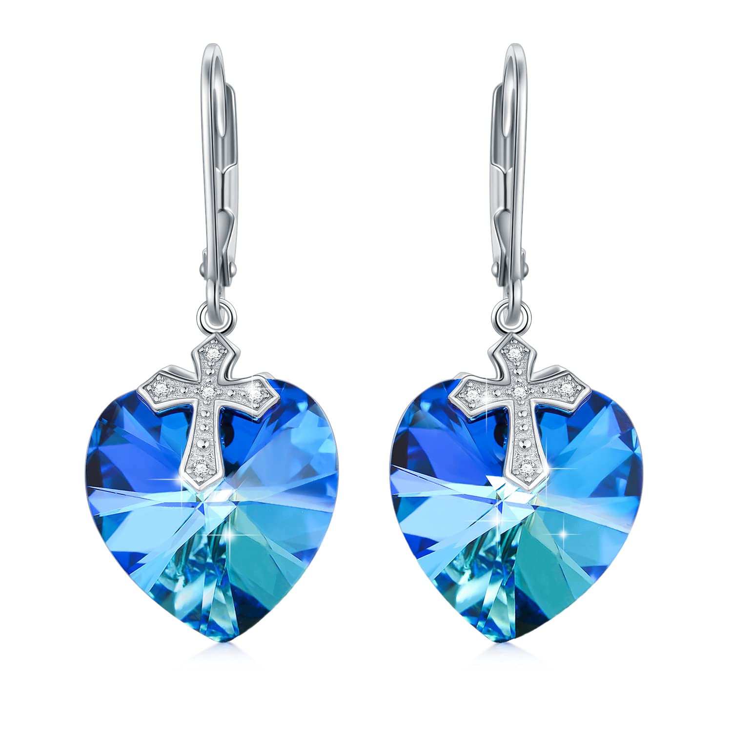 Leverback Earrings 925 Sterling Silver Heart Dangle Drop Earrings, Crystals from Austria, Birthday Jewelry Gifts for Women