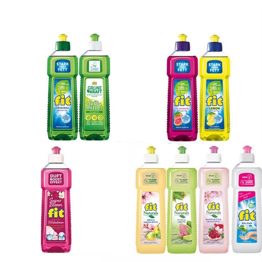 10tlg. XXL Set: 9x500ml Fit Spülmittel Geschirrspülmittel | abwechslungsreiche tolle Duftsorten + STUDIO.MUNET Geschirrtuch Weiß