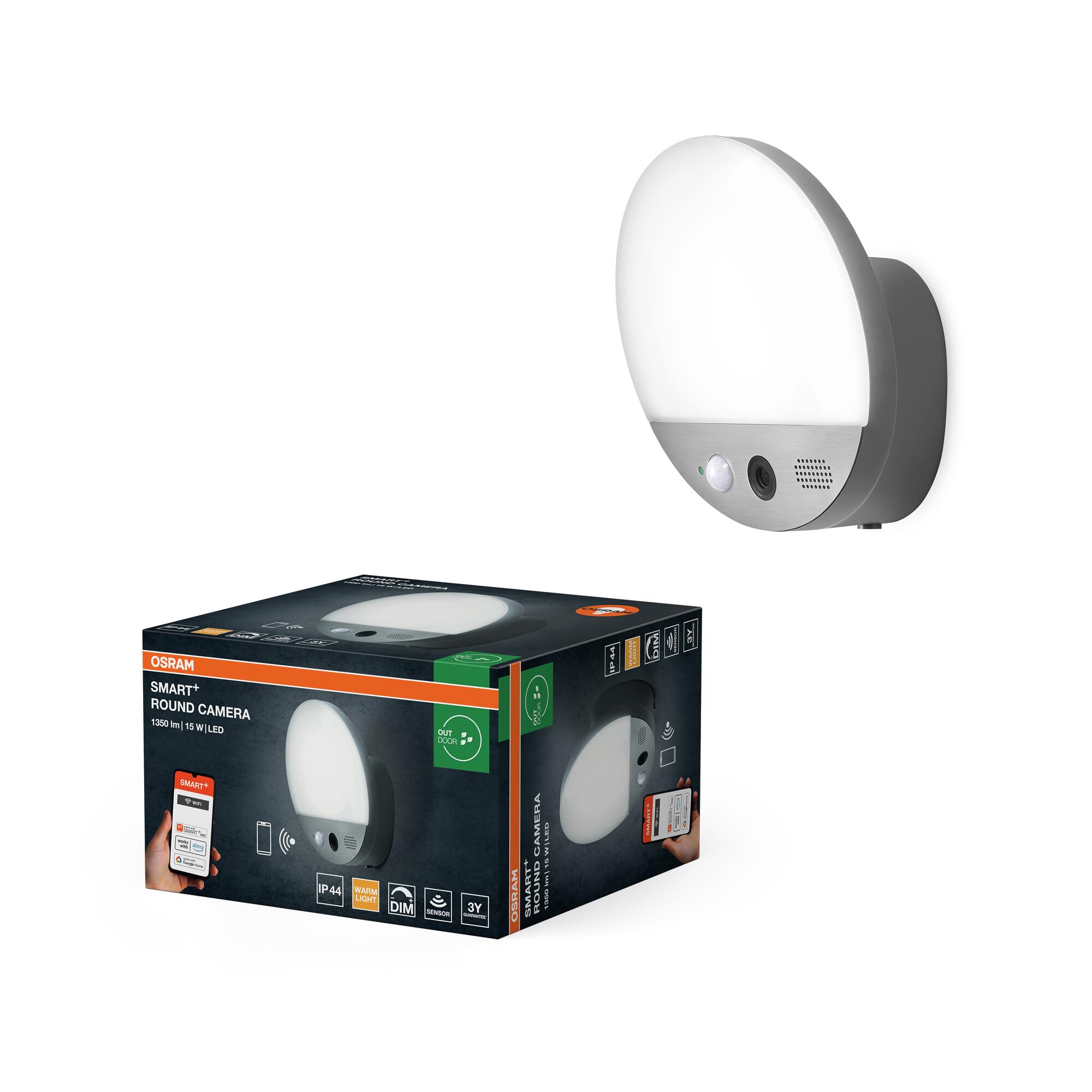 Osram Luminaire extérieur SMART+ avec caméra HD et détecteur de mouvement, | SMART+ Wifi Camera, Outdoor Lighting Accesories, Gris foncé, 180 mm dia, 25000 h, pack de 1