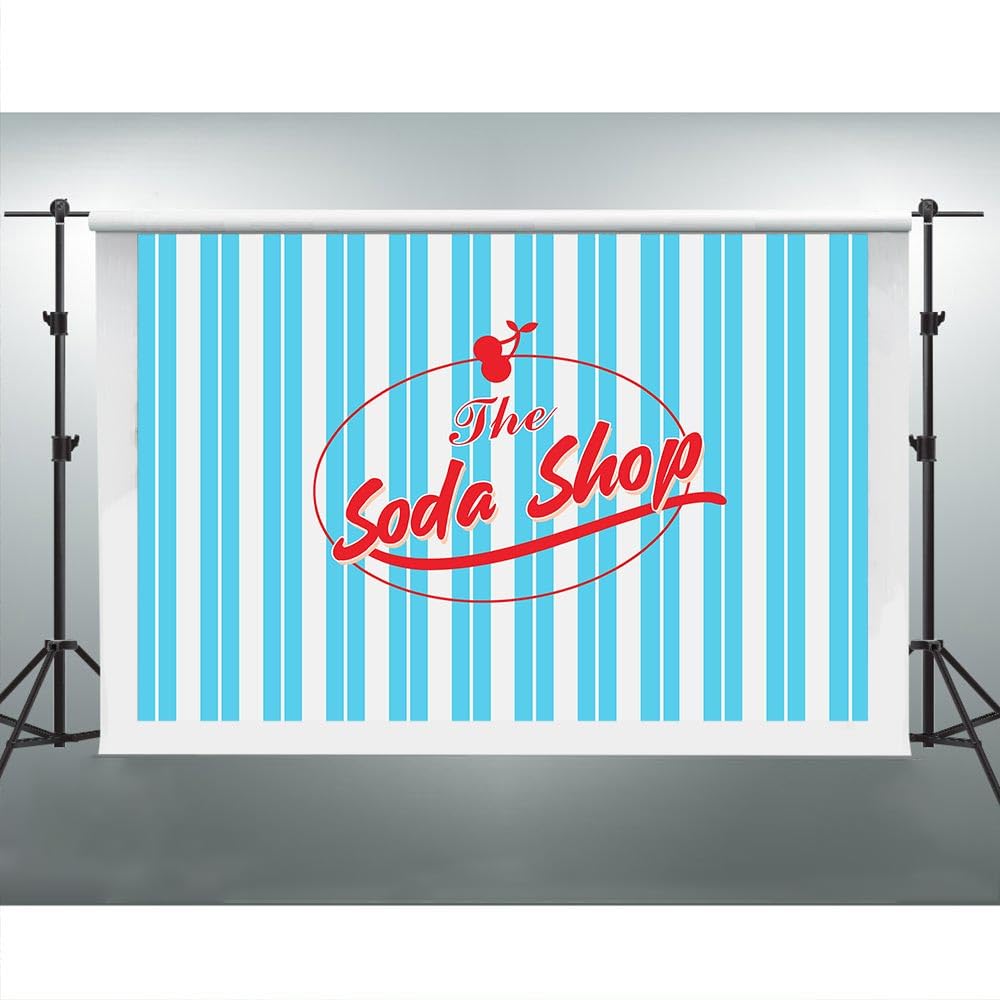 VIDMOT Soda Shop Backdrop for 50s Party 5x3ft Blue and White Stripes Sock Hop Background Party Decorations Photo Booth Studio Props