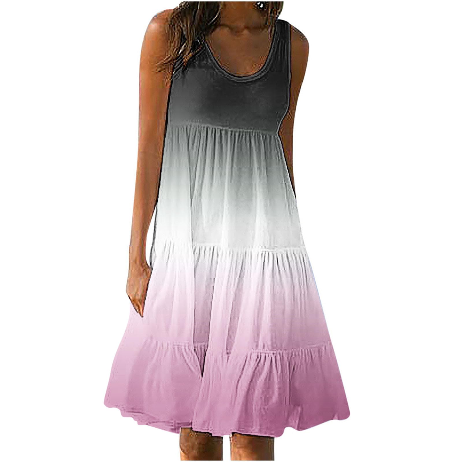 Generic Vestido de playa sin mangas con estampado degradado para mujer, vestido casual de cuello redondo, talla grande, vestido de verano holgado por debajo de la rodilla