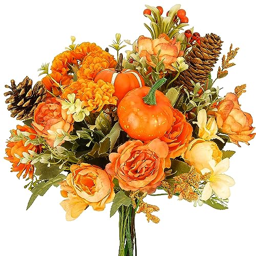 HUAESIN 10PCS Artificial Fall Flowers for Decoration Fall Decor Silk Flowers Bouquet Orange Fake Roses with Pumpkin Silk Autumn Floral Arrangements for Home Table Centerpieces Thanksgiving Decor