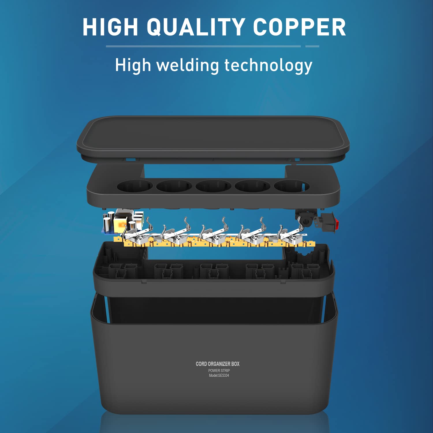 Ciabatta Multipresa USB con Scatola Porta Cavi, Presa Multipla 5 Prese con 3 USB, Adattatore per Presa per Scatola Portacavi (2500 W) con Cavo da 2 Metri, 29,5 * 14 * 14 cm, Nero