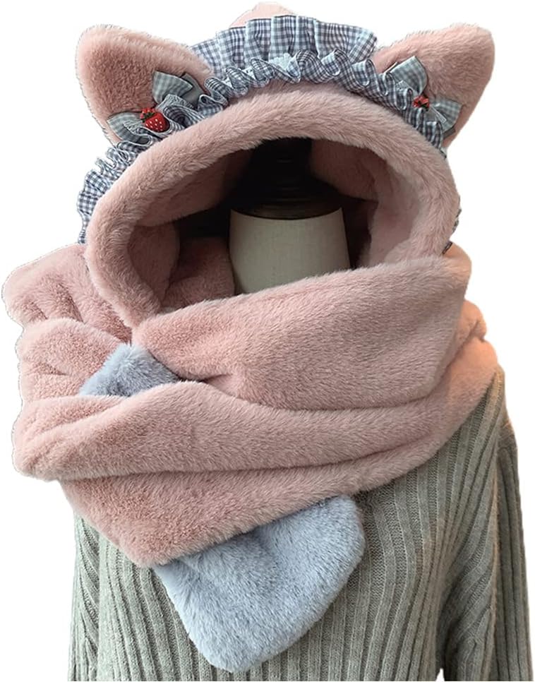 Scarf,3 in 1 Set Plush for Cat Ear Hat Scarf Gloves Beanie Hat Mitten with Pockets for Winter Daily Wear Scarf(Pink)