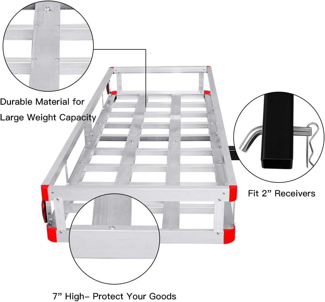 ERGOMASTER Hitch Cargo Carrier, 500lb Capacity Trailer Hitch Mount Cargo Carrier with Ramp, 50" x 29.5" Aluminum Cargo Carrier with High Side Rails for RV, Truck, SUV, Van, Car (NO Ramp)