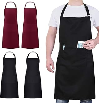 4 Packs Chef Apron, Black Apron with 2 Pockets, Waterproof Adjustable Apron for Men Women Perfect for Kitchen Cooking Baking Gardening Restaurant BBQ Coffee House, Professional Apron