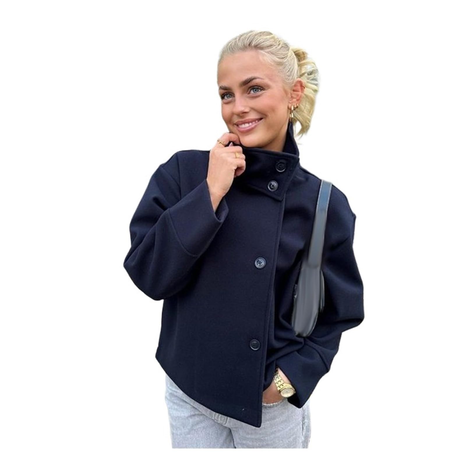 Qwwqydy Women's Short Dark Blue Coat Wool Coat Short Woolen Coats Loose Stand Collar Long Sleeve(,S)