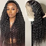 Deep Wave Lace Front Wigs Human Hair 13x4 HD Transparent Lace Frontal Curly Wigs for Black Women Human Hair 180% Density Glueless Wigs Human Hair Pre Plucked with Baby Hair Natural Black (24 Inch)