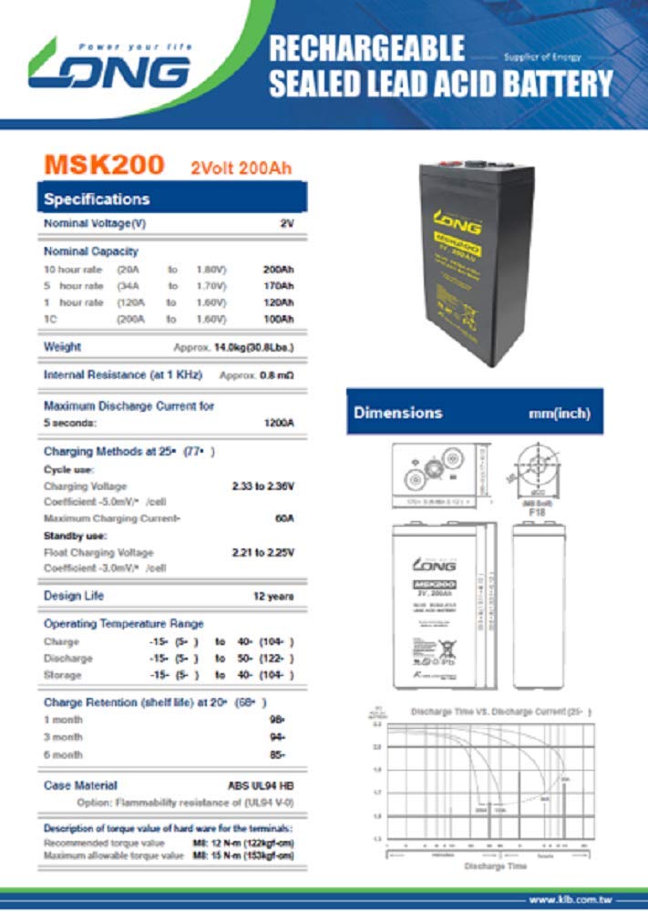 Kung Long MSK200 2V 200Ah AGM Blei Akku Batterie Notstrom USV-Anlagen (Radar, Funk, Sicherheitsbeleuchtung, Telekommunikation, BSV-Anlagen, Notbeleuchtung) Solarspeicher (Hausspeicher, Inselsysteme)