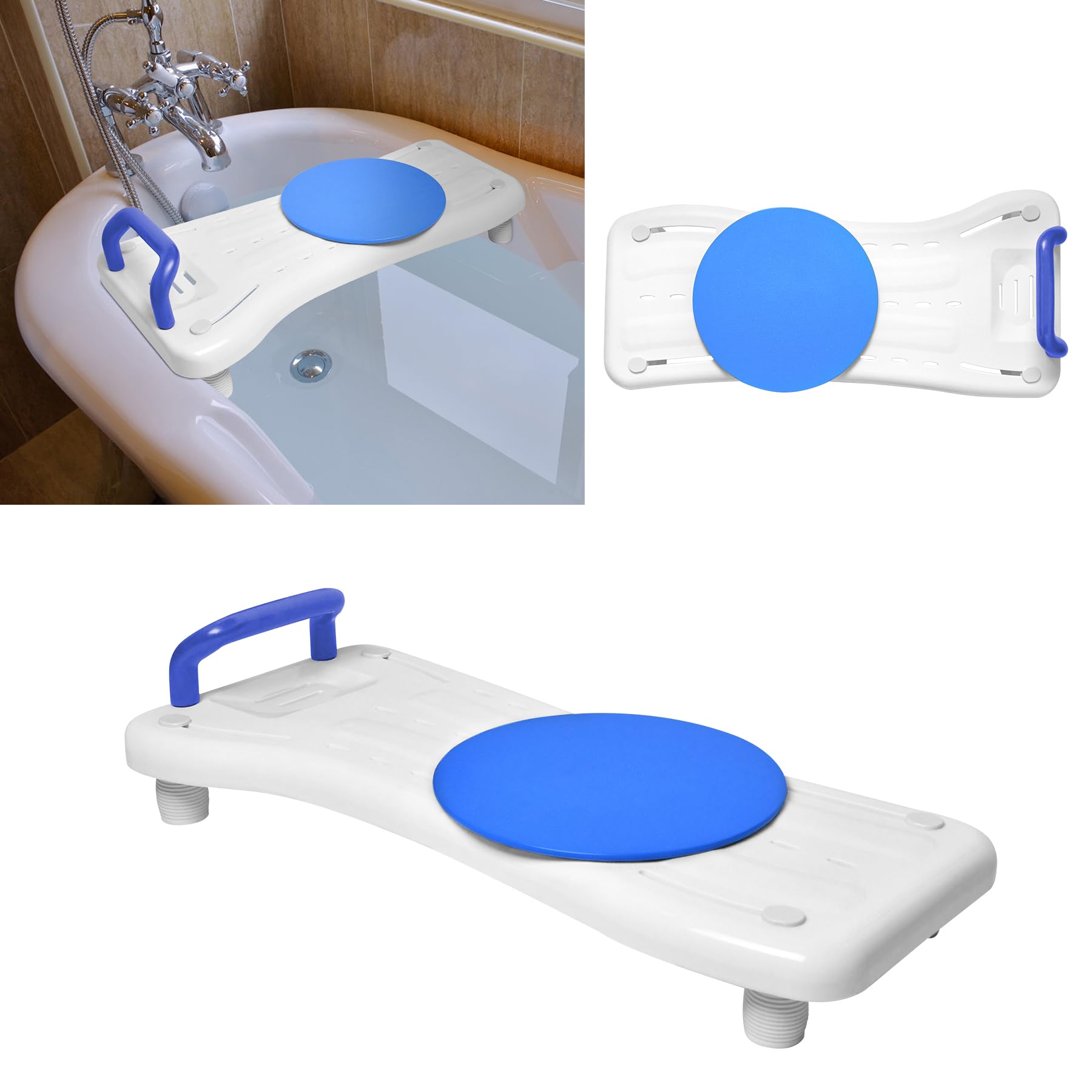 Froadp Siège de bain 75,5 x 34 x 10 cm avec poignée bleue et plaque tournante - Planche de bain pour s'asseoir en polypropylène - Pour adultes, personnes âgées, femmes enceintes - Distance réglable de