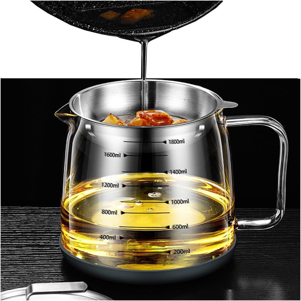 Glass Bacon Grease Container with Fine Mesh Strainer