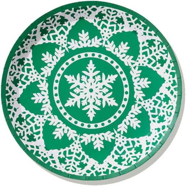 Coterie Green Snowflake Paper Plates - Winter Party Pack of 10 Plates, Size 7.25" Jolly Snowflake Small Plates