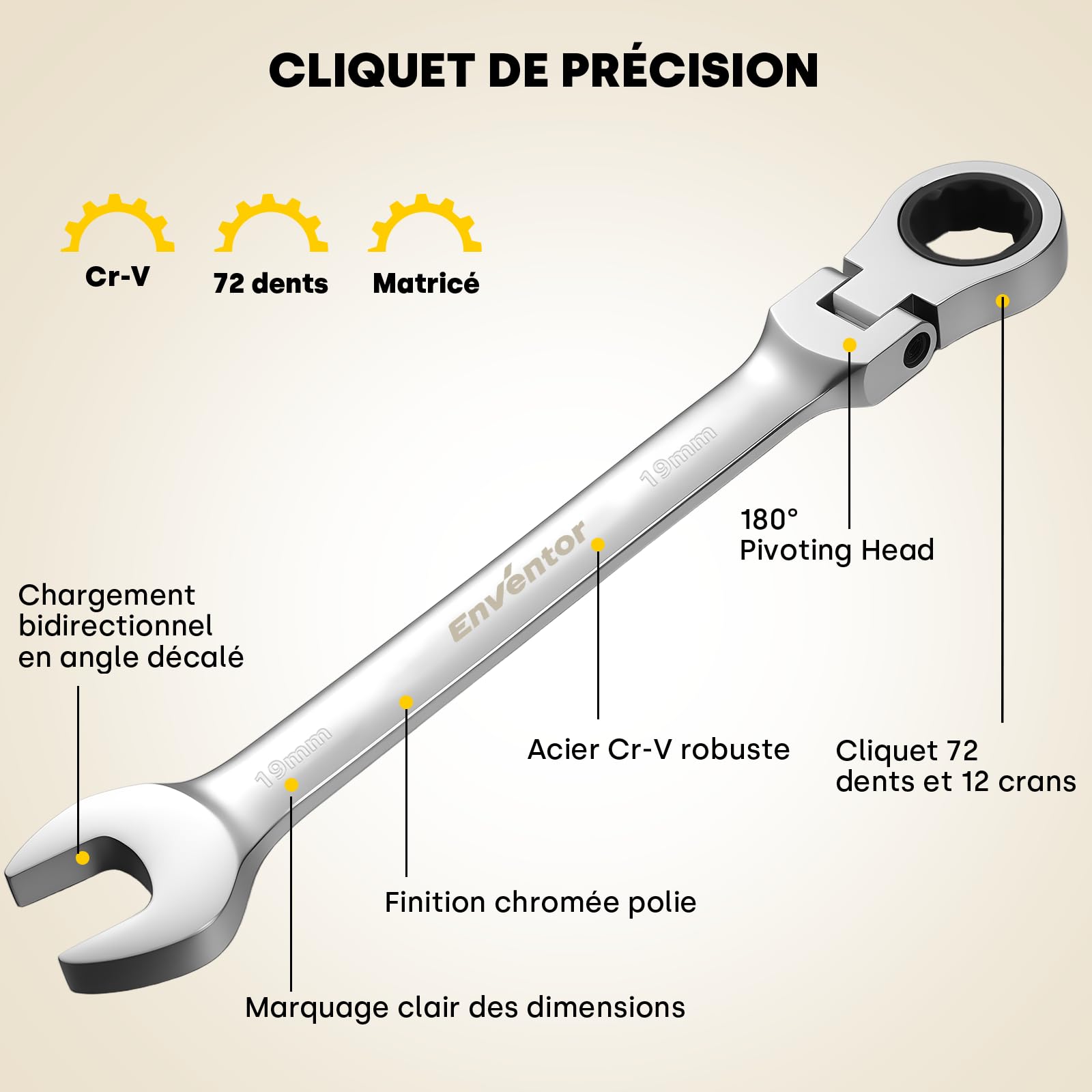 Enventor Jeu de 8Pcs Clé Plate à Cliquet, Tête flexible à 180°, 72 dents, Rangées dans une pochette de rangement, Acier au Chrome Vanadium, Métrique 8-19 mm, Pour réparations électriques