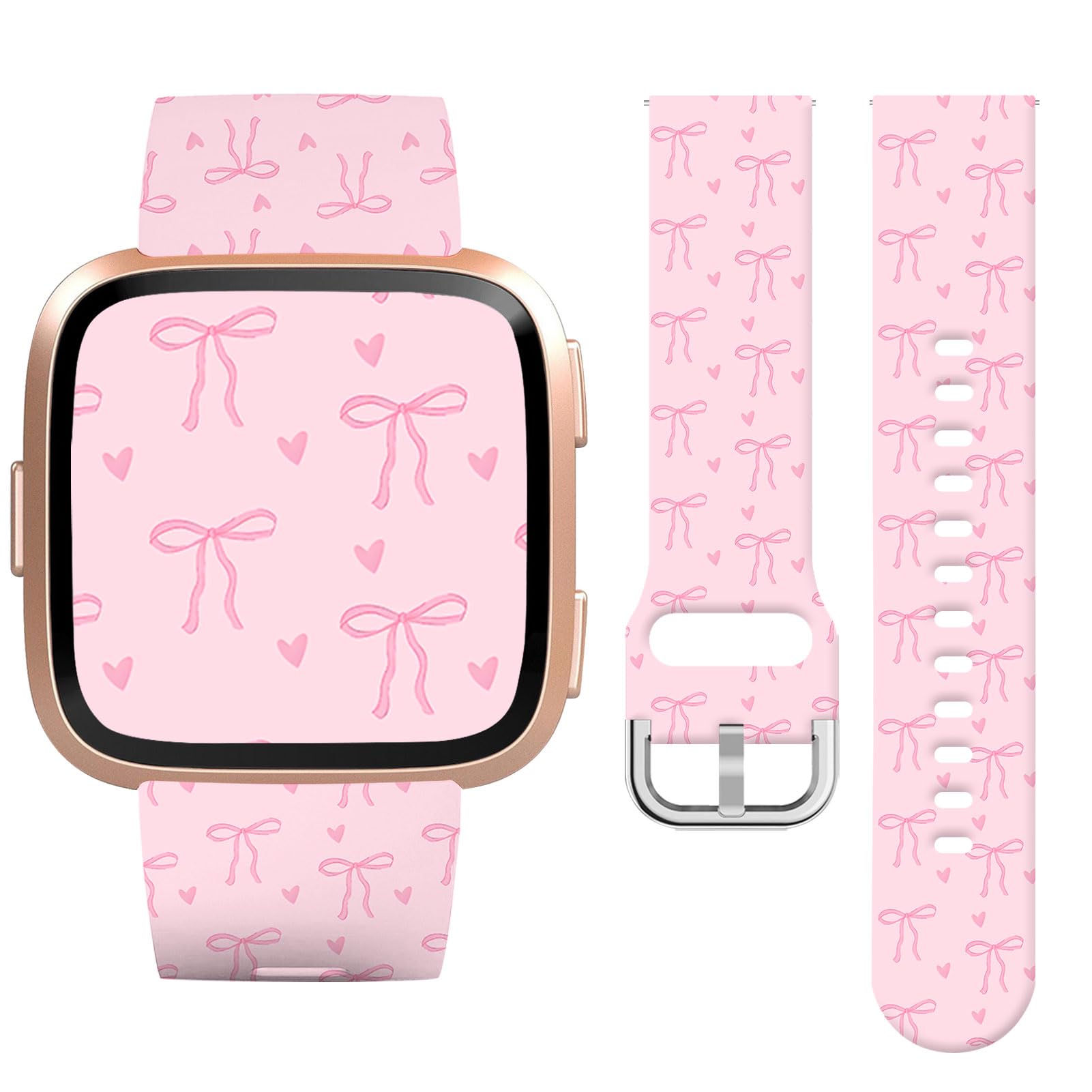Vozehui Heart Bow Silicone Straps for Fitbit Versa/Versa 2/Versa Lite, Cute Soft Unique Printing Technology, Waterproof Durable Adjustable Easy Install Replacement Band for Women Girls