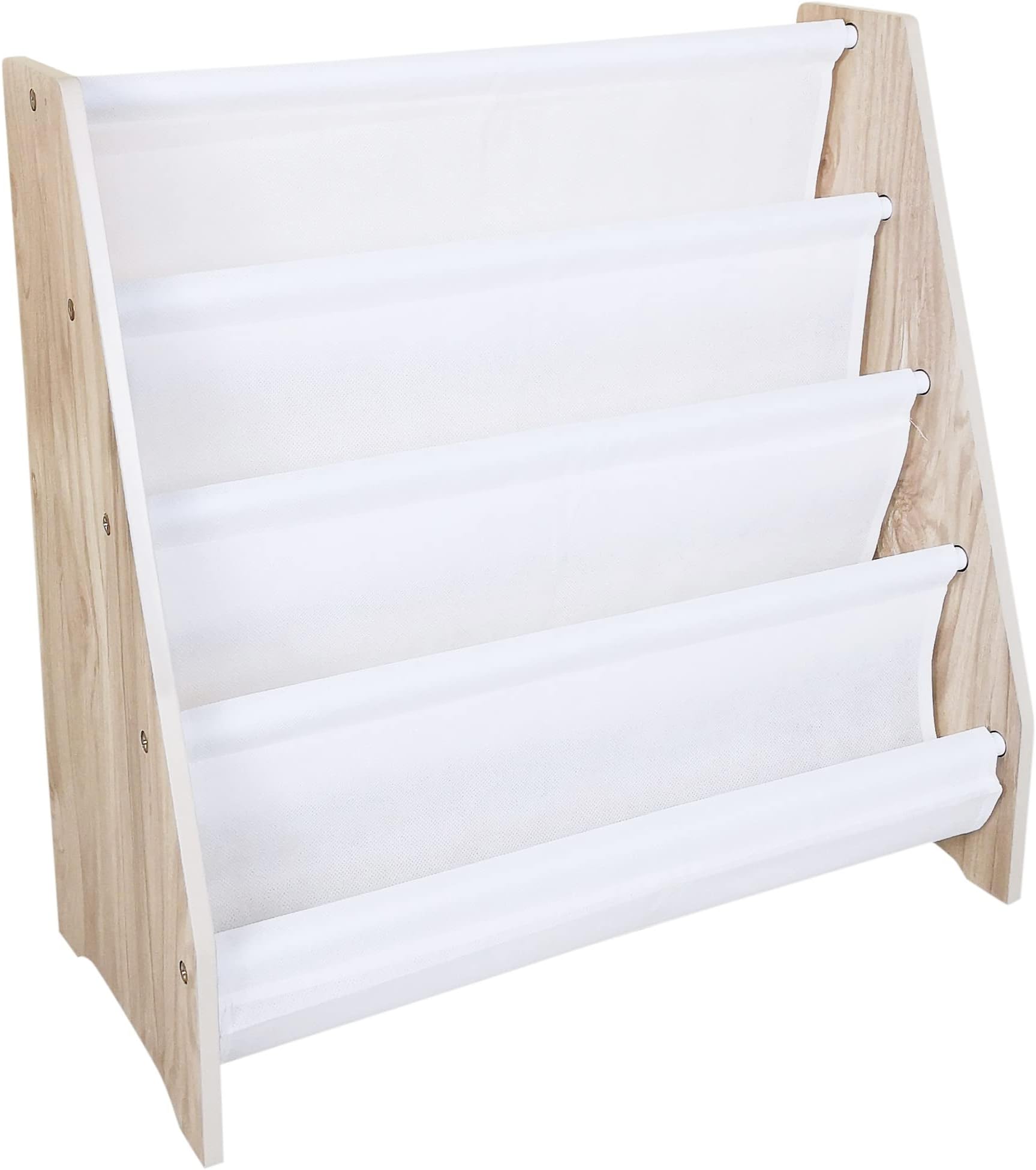 Kiddi Style Kids Bookshelf - Childrens Bookcase with 4 Fabric Pockets - Wooden Sling Bookcase & Storage Rack - Childrens Book Shelves (Natural Wood)