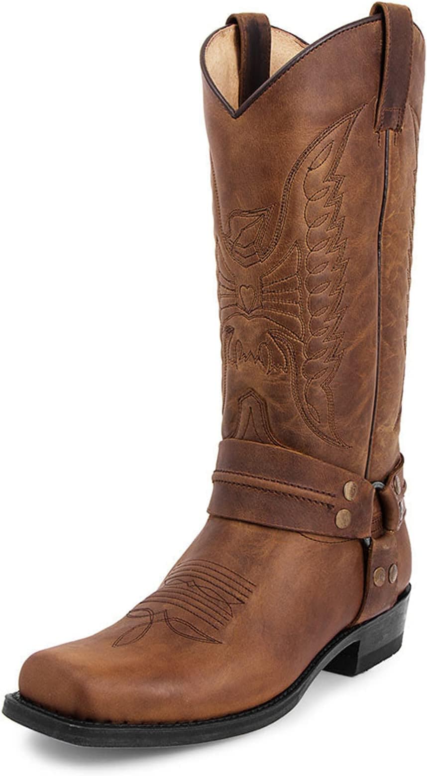 femflameWestern Boots for Men Square Toe Chunky Block Heel Pull on Cowboy Boots Stitched Embroidered Knee High Boots