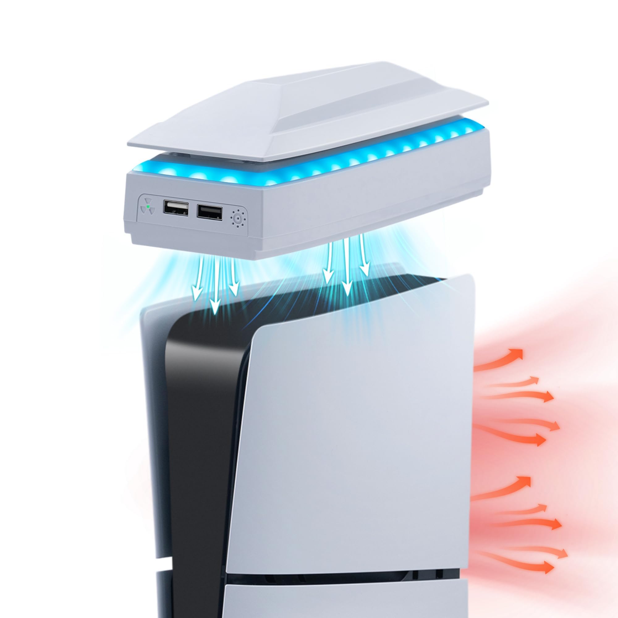 Cooling Fan with RGB Light for PS5 Slim Only Top LED Cooling System, 3 Level Adjustable Speed, 6 Lighting Modes, for Playstation 5 Digital & Disc Edition, Dust Cover Dual Fans Cooler, 2 USB Port