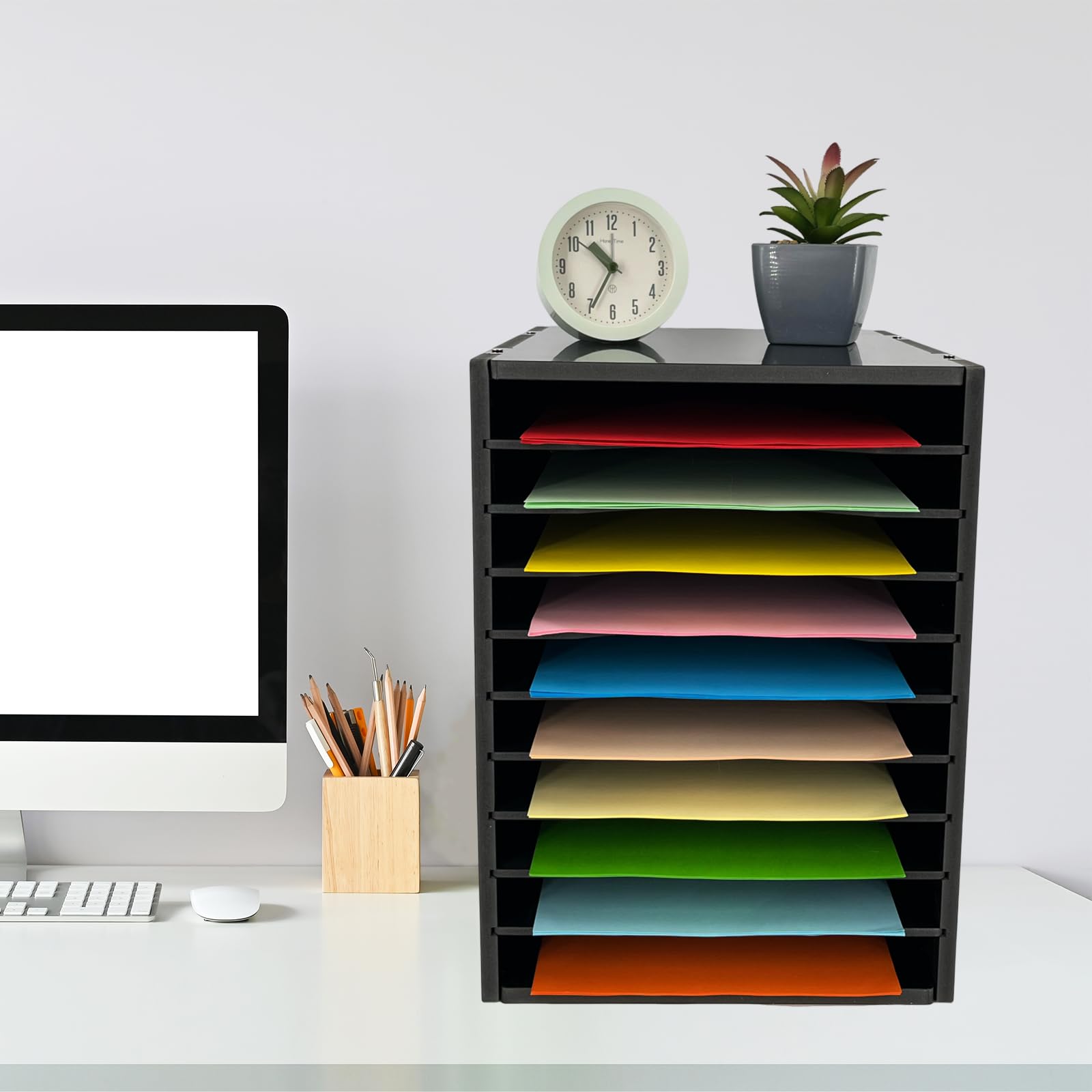 JAHOSENYA 10-Tier File Sorter Organizer for Desk, Desktop Organizer with Adjustable Lettry Tray, Paper Sorter for Office School Home (Black)