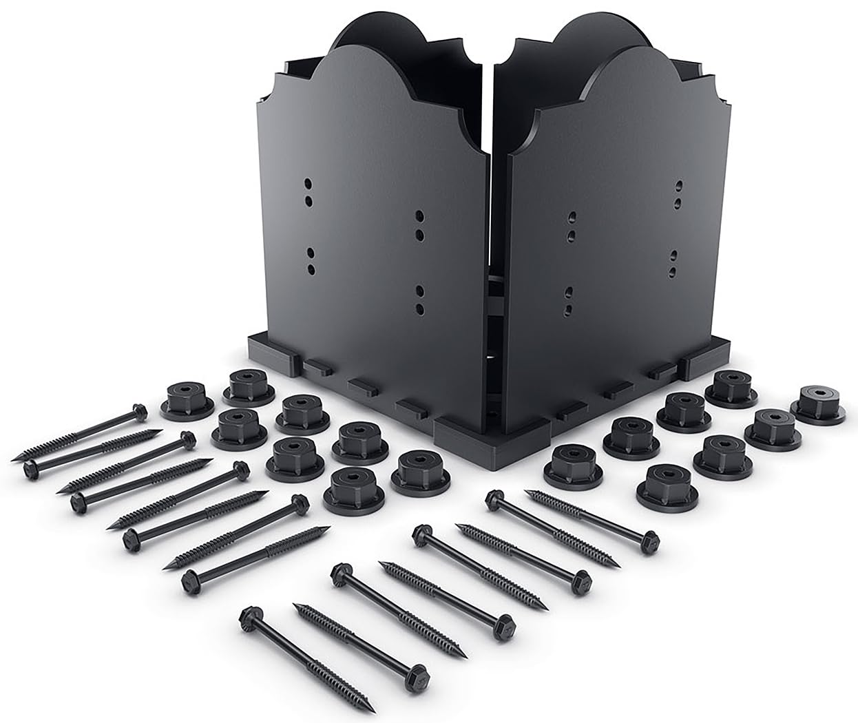 Ozco Laredo Sunset 10x10 Post Base Kit, Includes Decorative Plates, Hex Cap Nuts, OWT Timber Screws, Galvanized Steel for Pergolas | 56605 | Hot-dipped galvanized powder-coated steel bracket , Fits 10in x 10in square posts , Raised design protects decks, pergolas