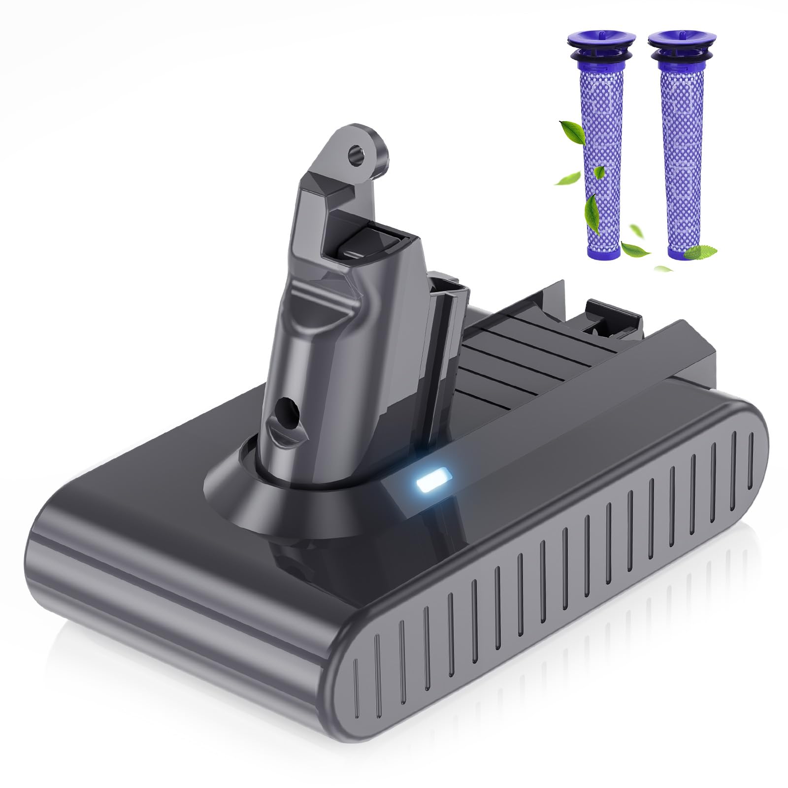 V6 Replacement Battery for Dyson Vacuum Cleaners, Compatible with V6 Animal/Absolute, SV03, SV04, SV05, SV06, SV07, SV09, DC58, DC59, DC61, DC62, DC72, DC74; Includes 2 Filters