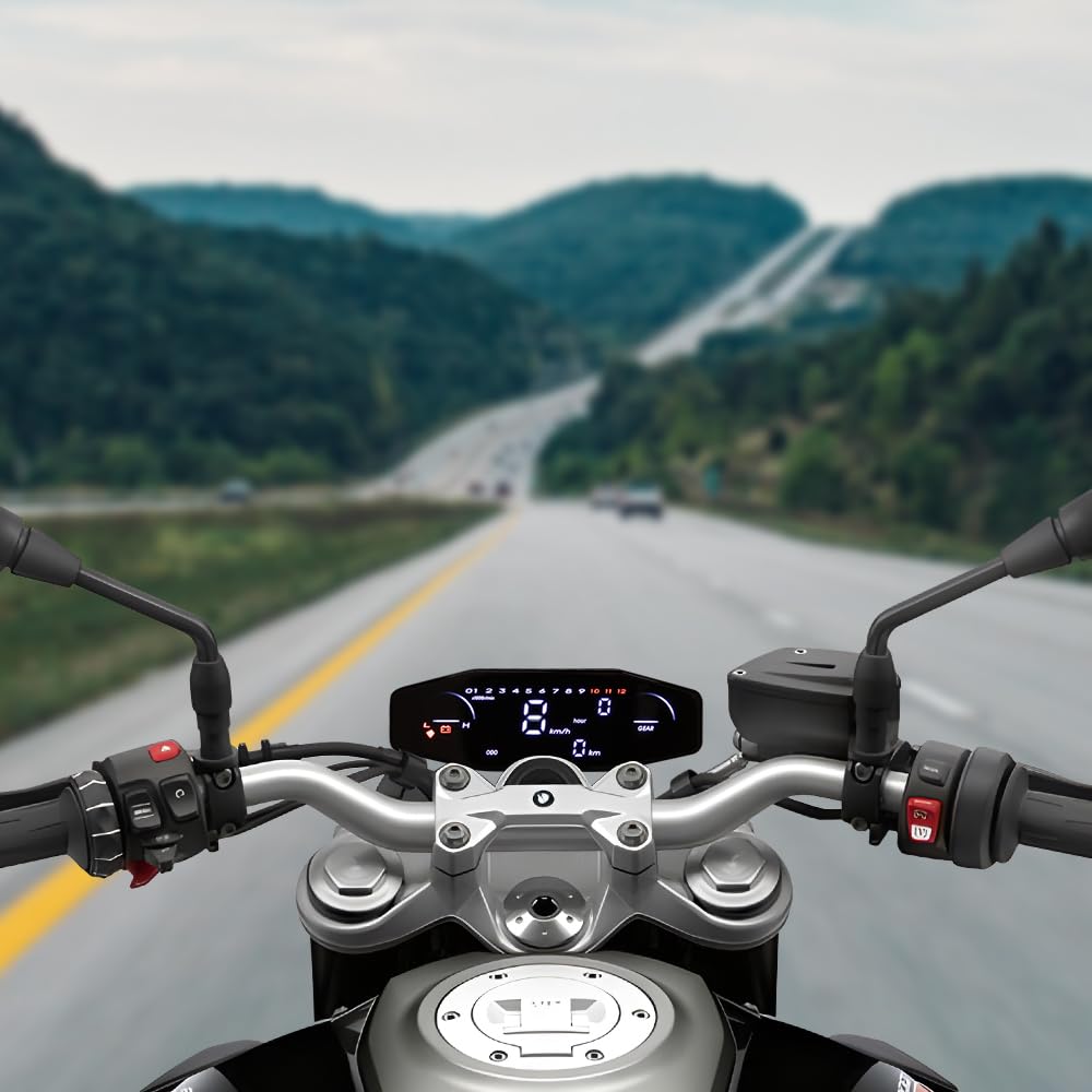 Compteur de vitesse universel pour moto APEBAZY avec rétroéclairage LED, compteur kilométrique numérique, capteur de vitesse et indicateur de rapport engagé