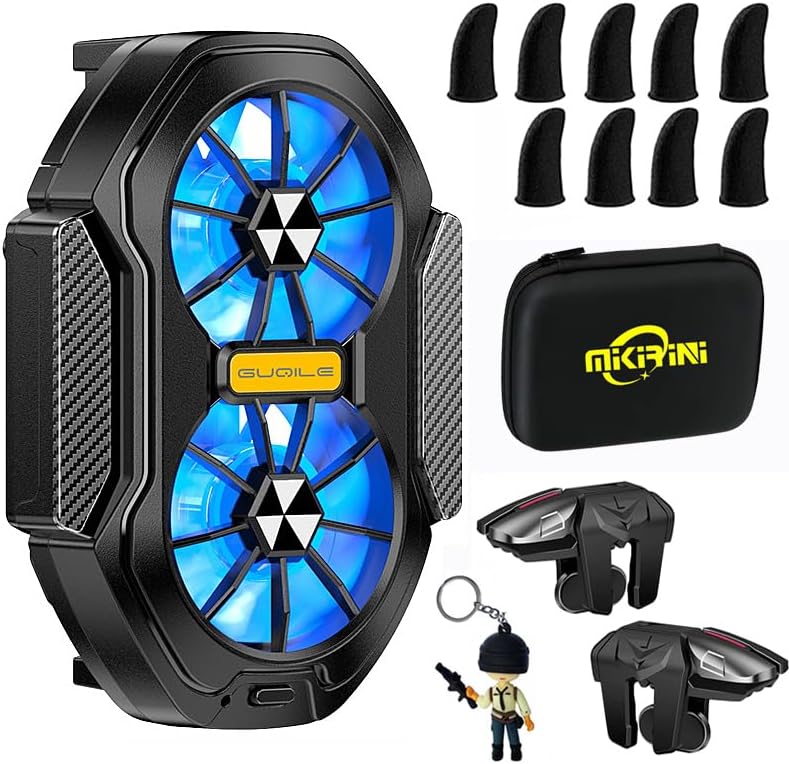 14 in 1 Mobile Phone Dual Cooler with LED Light, Cell Phone Cooling Fan Radiator, 2pcs L2R2 Mobile Game Controller Triggers for PUBG/Fortnite/Call of Duty w/ 9pcs Finger Gloves Sleeves