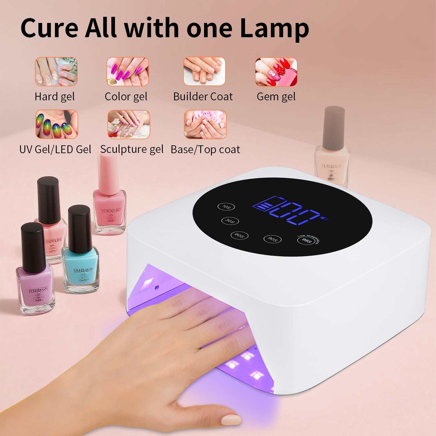 Lámpara LED UV inalámbrica, secador de uñas recargable de 72 W para todas las uñas de gel con 5 temporizadores y base de espejo, control táctil y sensor automático, ideal para entrenamiento