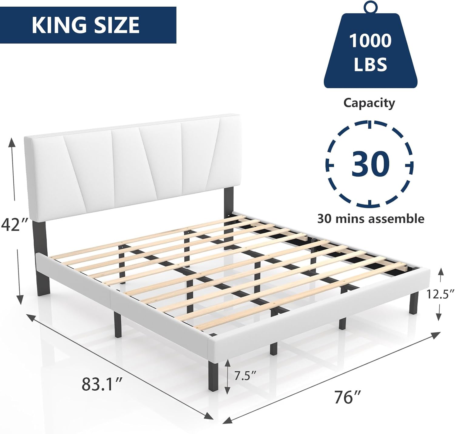 King Size Bed Frame with Upholstered Headboard, Linen Fabric Wrap, Wooden Slats Support, Solid and Stable, No Box Spring Needed, Non-Slip and Noiseless, Easy Assembly, A White