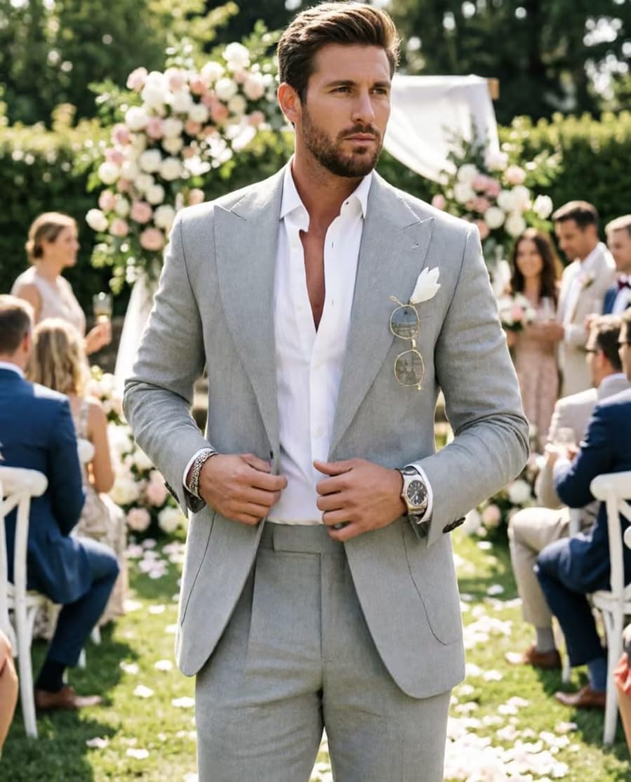 Mens Linen Suit 2 Piece Blazer and Pants Set Summer Wedding Beach Casual Outfits Vintage for Groom Party Business Daily