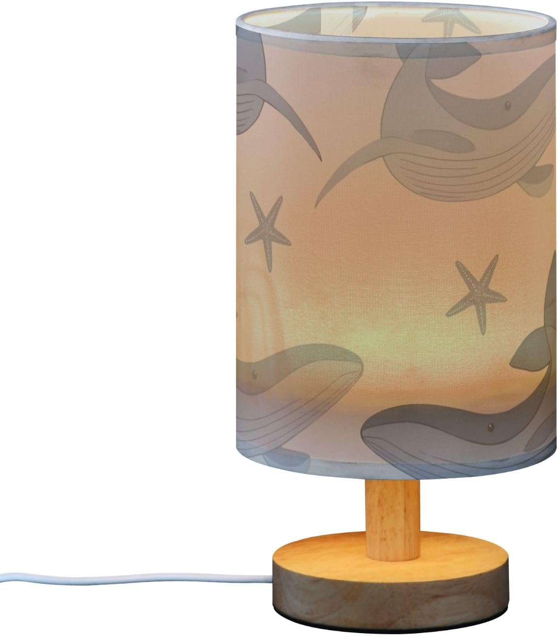 Starfish Gray Whale Table Lamp Bedside Lamps with USB Port,Wood Base Round Flaxen Fabric Shade for Bedroom