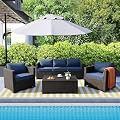 Rattan Star 4 Piece Patio Furniture Set 45In Fire Pit Table Outdoor Furniture Sets Patio Couch Outdoor Chairs 50000 BTU Propane Fire Pit with No-Slip Cushions and Waterproof Covers, Navy Blue