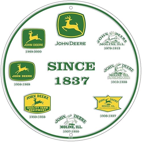John Deere Historia de logotipos letrero redondo 12", WHite