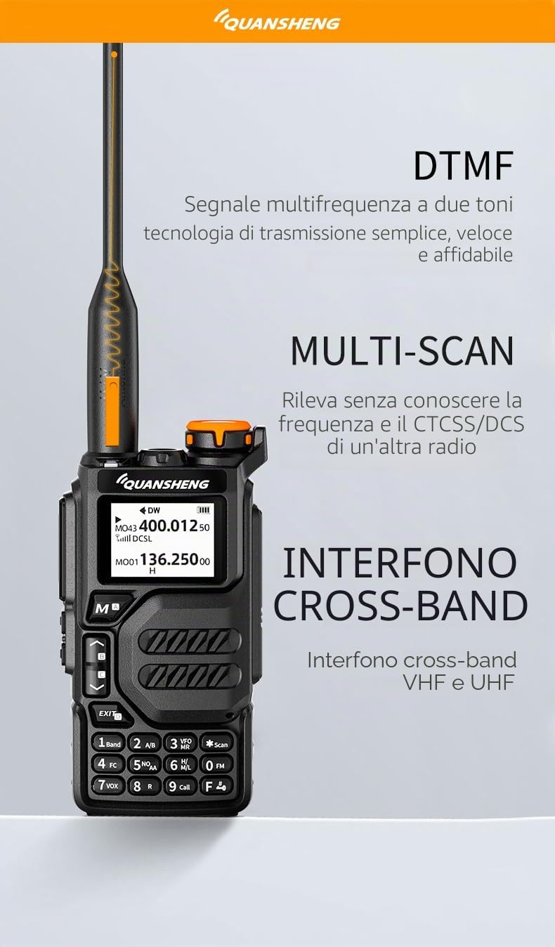 QUANSHENG UV-K5 Walkie Talkie a lunga portata con auricolare a D forma e micro PTT VHF UHF 200 canali radio portatile ricaricabile professionale AM/FM/DTMF, VOX, frequenza copia, NOAA Meteo
