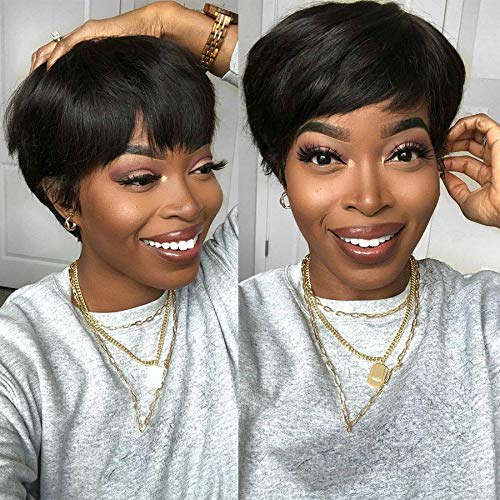 YOLANFAIRY Pixie Short Cut Human hair Wavy Wigs Natural Black Color Wigs Brazilian Remy Hair For Women Full Machine Made Wigs（1B#)