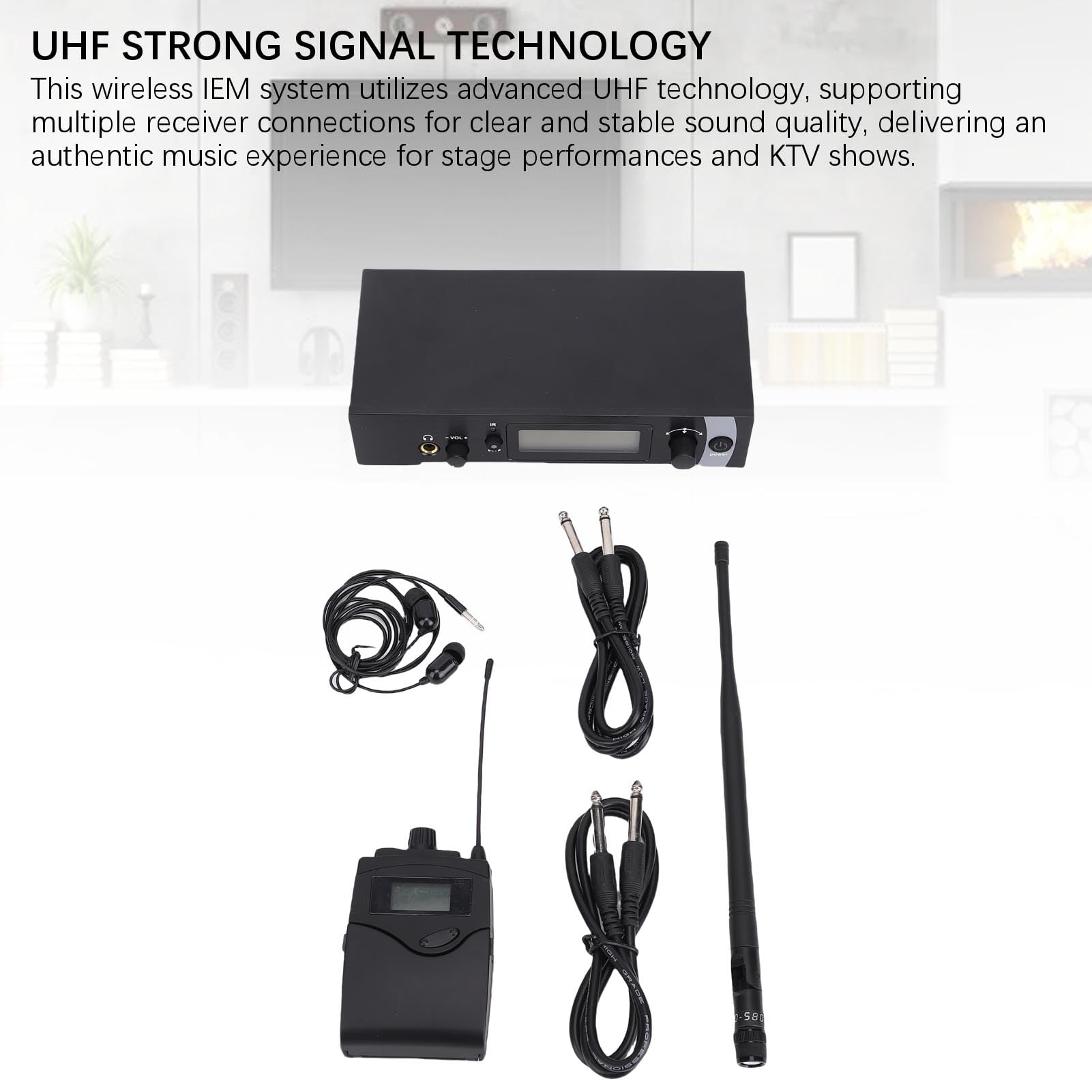 Bewinner Inalámbrico de Monitoreo Intrauditivo, UHF 550-590 MHz con Receptor Transmisor de Petaca, Pantalla LCD, Audio de 24 Bits/192 KHz, Alcance de 50 M para Bandas de Estudio en KTV (Enchufe de