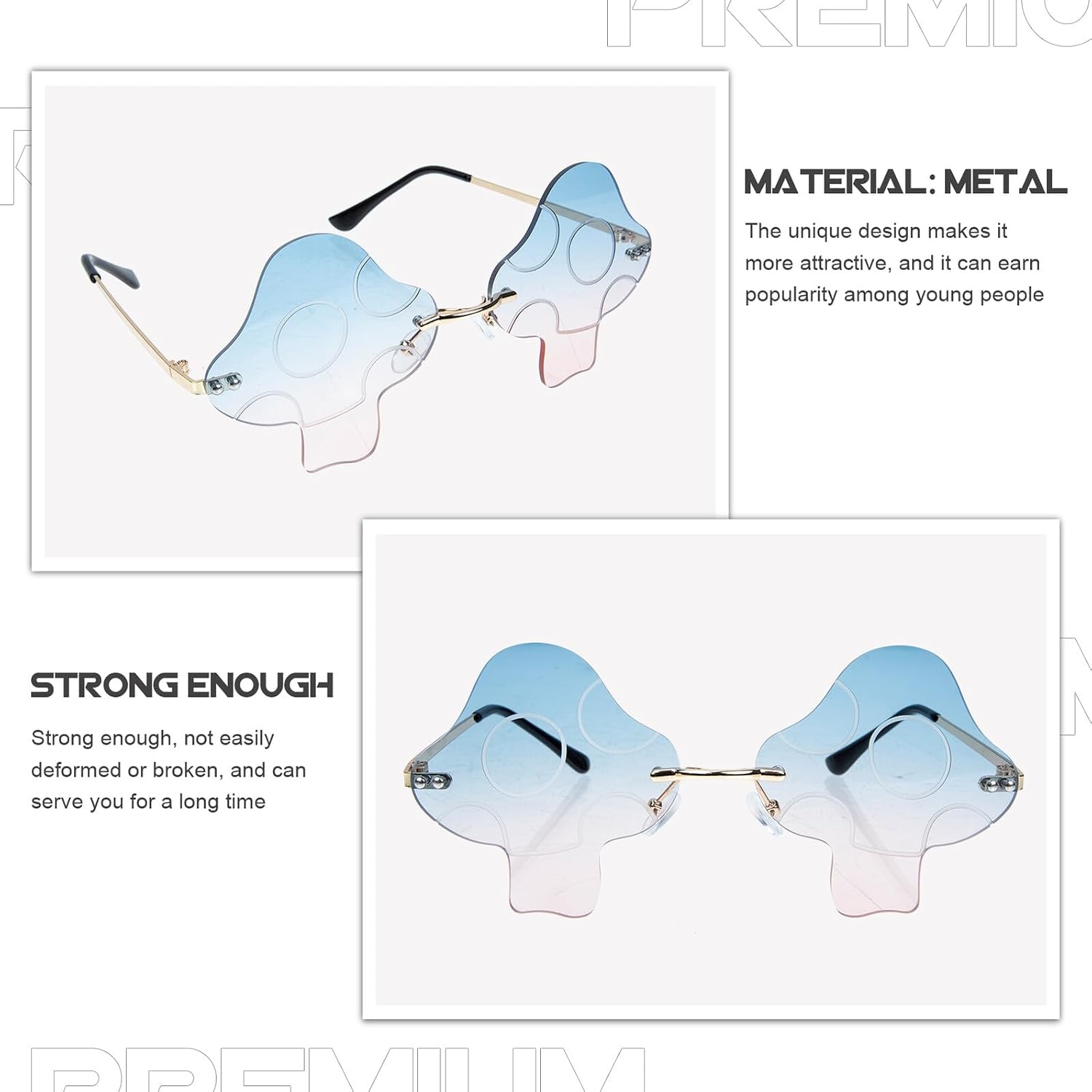 BESPORTBLE Mushroom Shape Rimless Sunglasses with Gold Frame Blue-pink Lenses Fashion Eyewear for Women Party and Festival Accessories