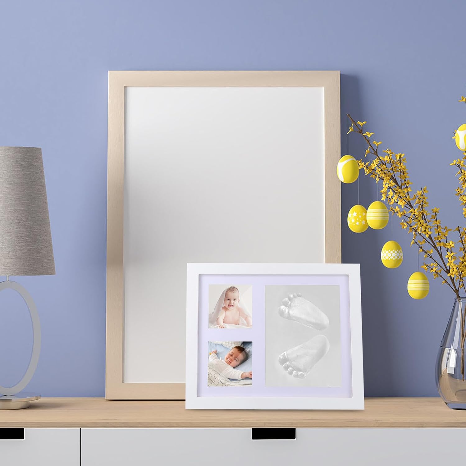 Handprint Footprint Keepsake Frame for Newborns, Memory Photo Holder White Clay, Milestone Picture Frame for Growth Records and Nursery Display