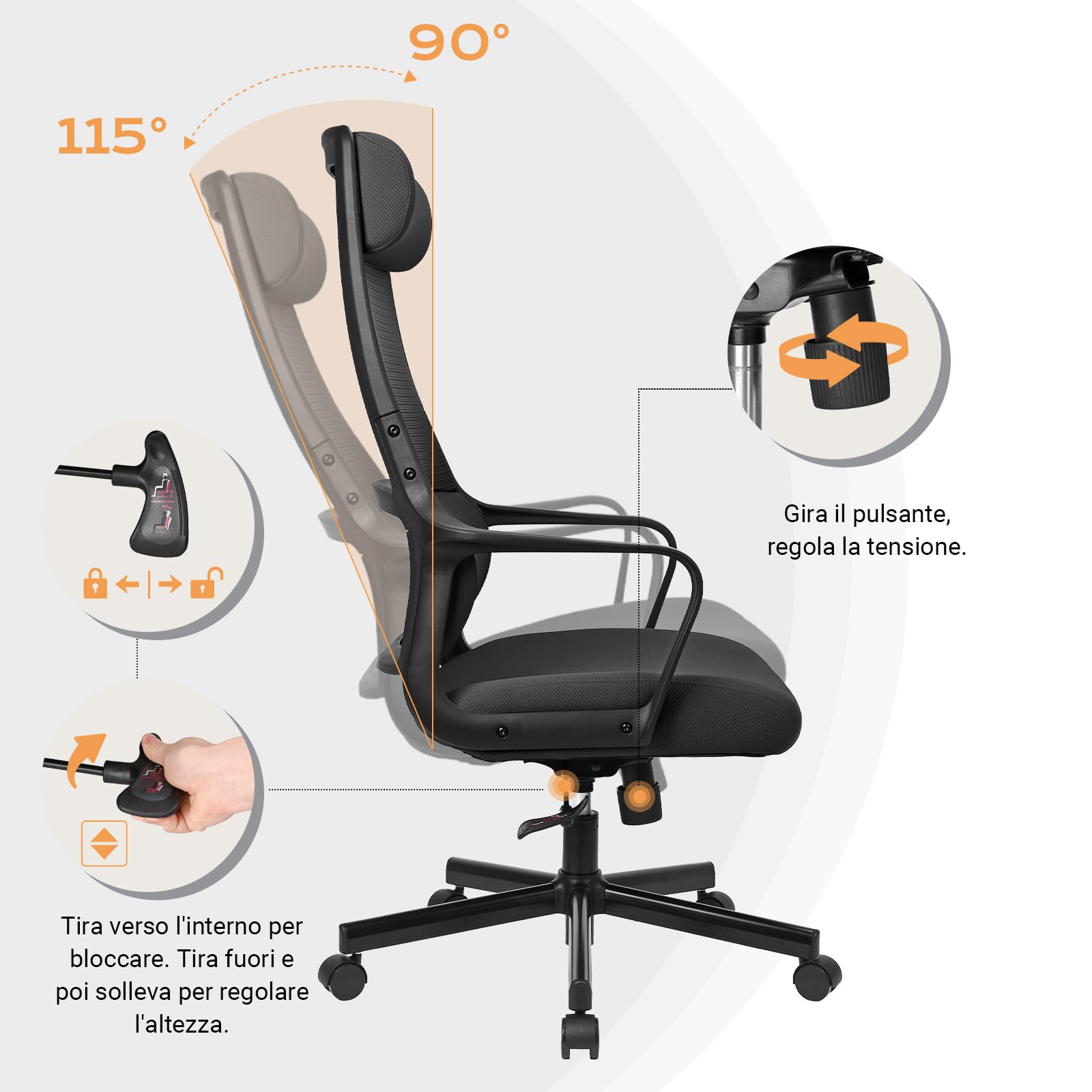 MELOKEA F008 Sedia da Ufficio Ergonomica Direzionale Schienale Alto in Rete Ultra Traspirante. Supporto Lombare Ortopedico a S Certificato EN 1335 e Poggiatesta 6cm Regolabile. Carico 150kg Nero
