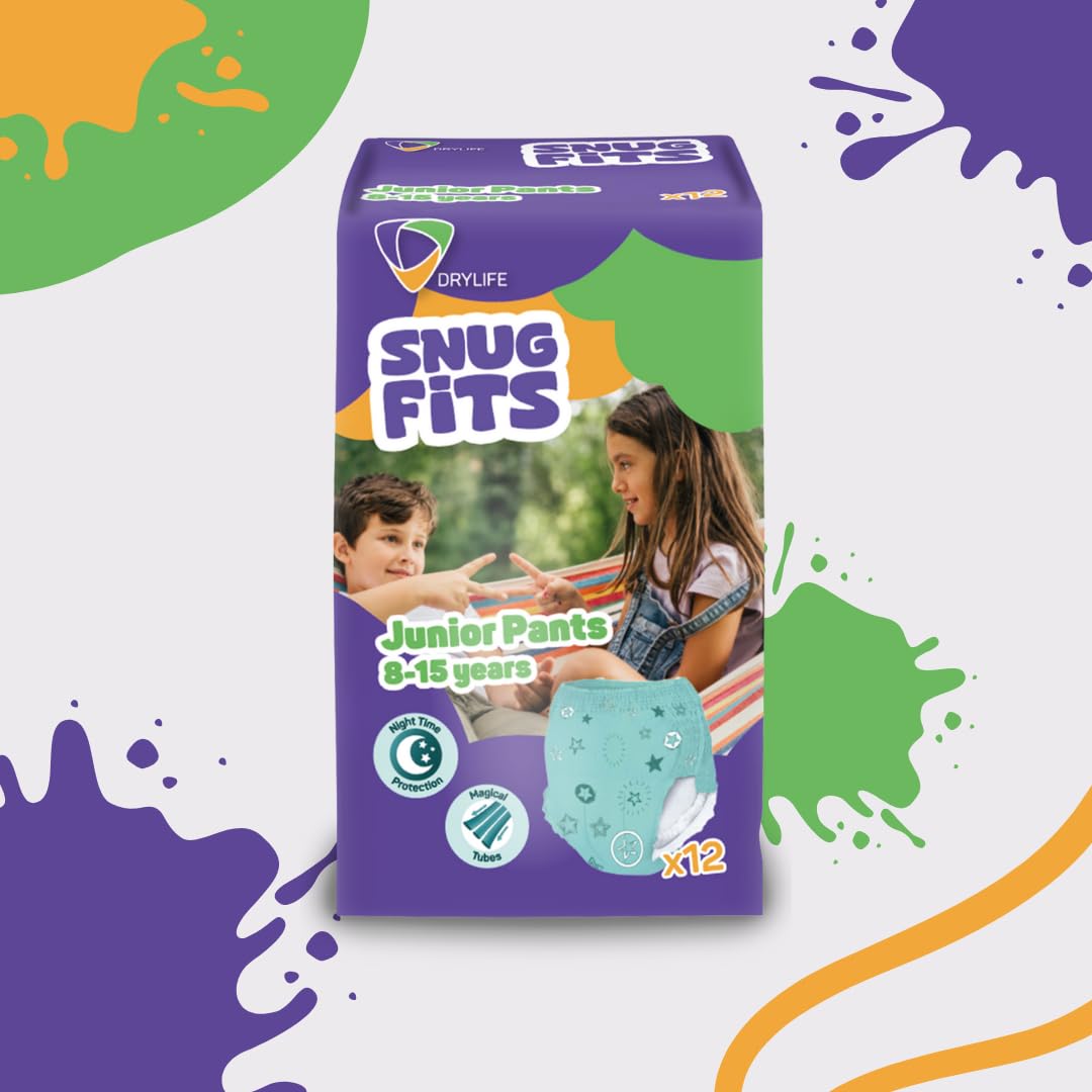 Drylife Snug Fits Lot de 6 paquets de 12 culottes de mouillage jetables unisexes pour enfant de 8 à 15 ans Absorption 1000 ml Protection pendant la nuit 27-57 kg
