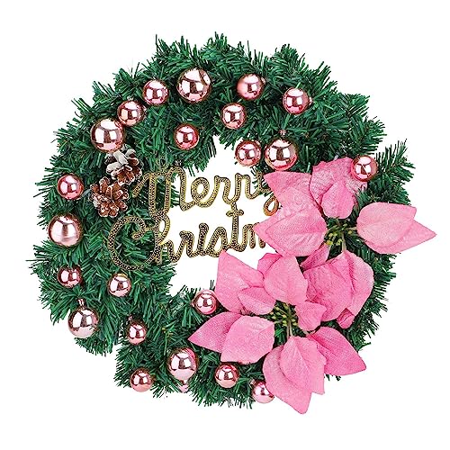 Corona de Navidad para Puerta Delantera con Flor de Pascua, Conos de Pino, Corona Colgante de Navidad Artificial Preiluminada, Corona de Navidad para Puerta Delantera con Luces LED, Guirnalda de(Rosa)