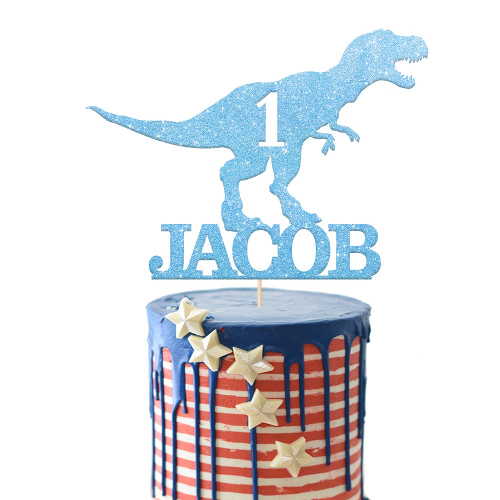 EDSG Personalised Dinosaur Cake Topper for Boy with Any Name Any Age | Multicolour Glitter Dragon Topper for 1st, 3rd, 5th, 7th, 9th, 13th Birthdays (Baby Blue)