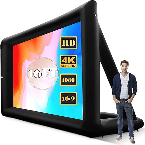 Heipigo Pantalla de proyector inflable al aire libre de 16 pies con ventilador interno y bolsa de almacenamiento, proyección frontal y trasera para