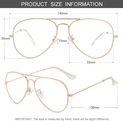 Miniatura 6 de Gleyemor Lentes clásicos de aviador con luz azul para mujeres y hombres, lentes transparentes con marco de metal (oro rosa + plateado)