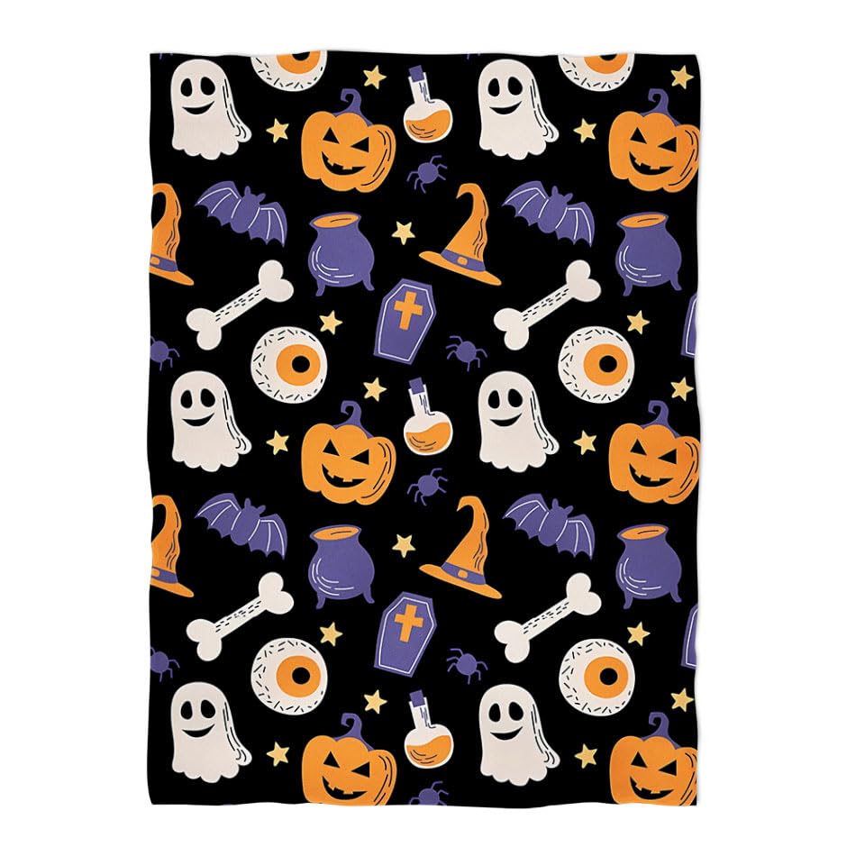 Halloween Throw Blanket for Couch and Bed Spider Webs Witch's Hat Black Bats and Decorated Pumpkins Print on Soft Blanket for Kids and Adult