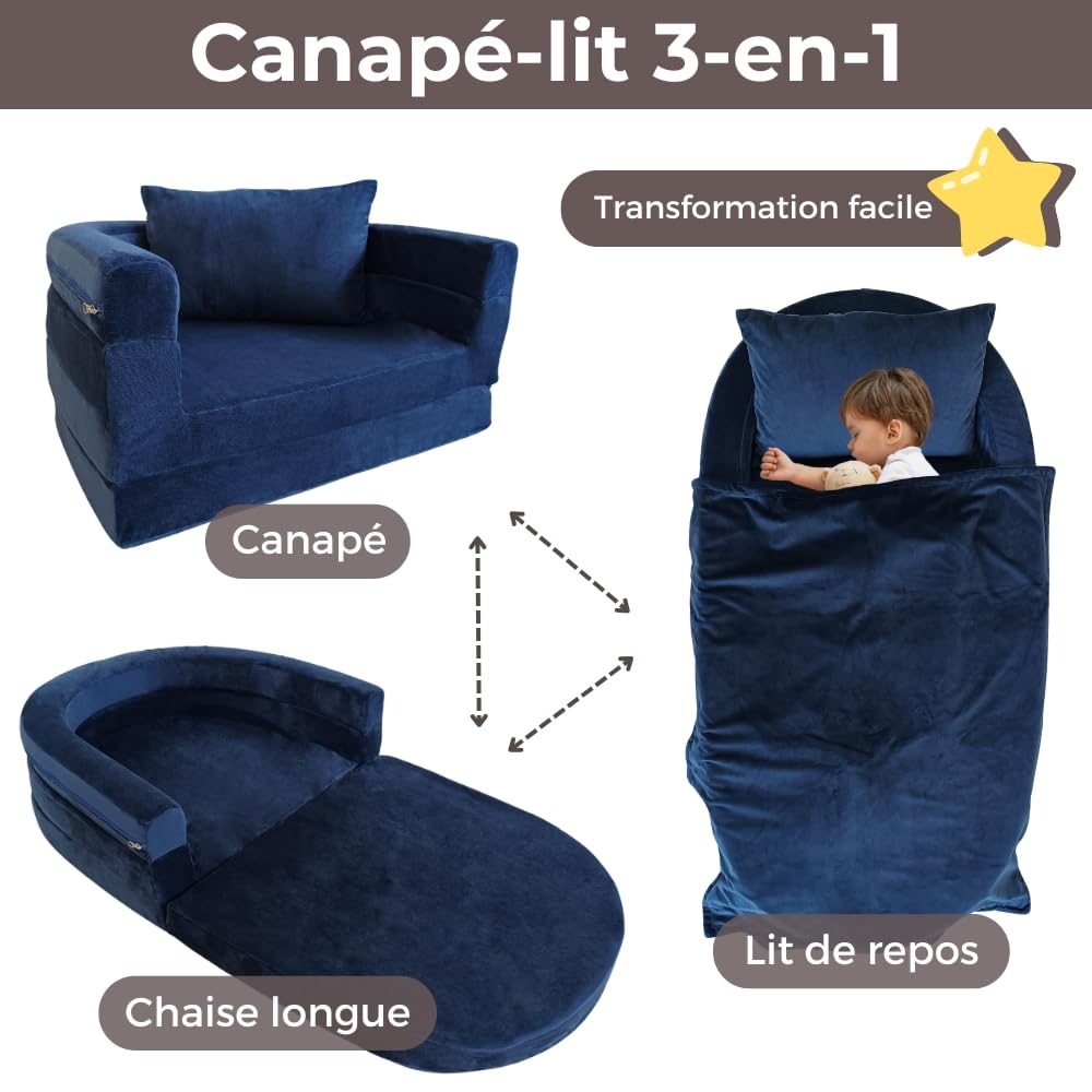 Canapé en Mousse pour Enfants avec Couverture & Oreiller, Sofa Convertible 3-en-1 Pré-assemblé pour Tout-petits, Chaise Pliable d'Intérieur & Lit de Sol Dépliable pour Garçons & Filles (Marine)