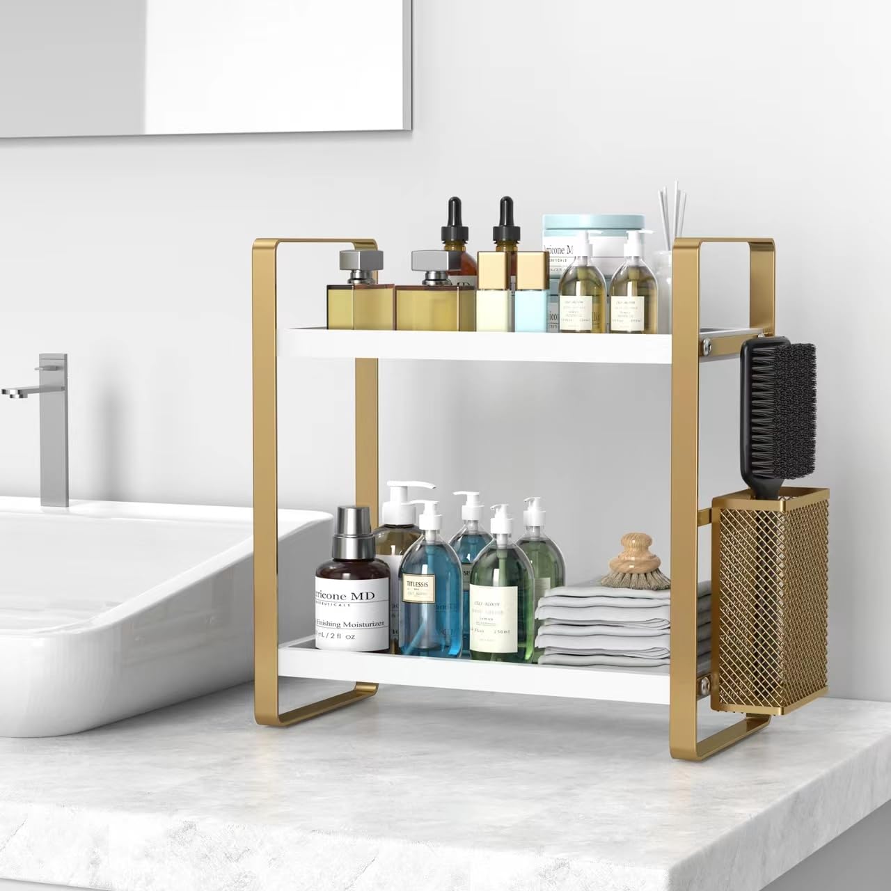 LEMIKKLE Organizer da bagno con cestino, organizer per bagno e stoccaggio, organizer per la cura della pelle per toeletta, organizer per bagno, cucina, cassettiera (bianco)