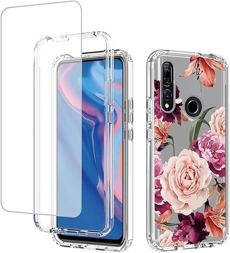Case for Y9 Prime 2019/Honor 9X/P Smart Z Case with Tempered-Glass Screen Protector, Cute Clear Floral Pattern Full Body Protective Phone Cover