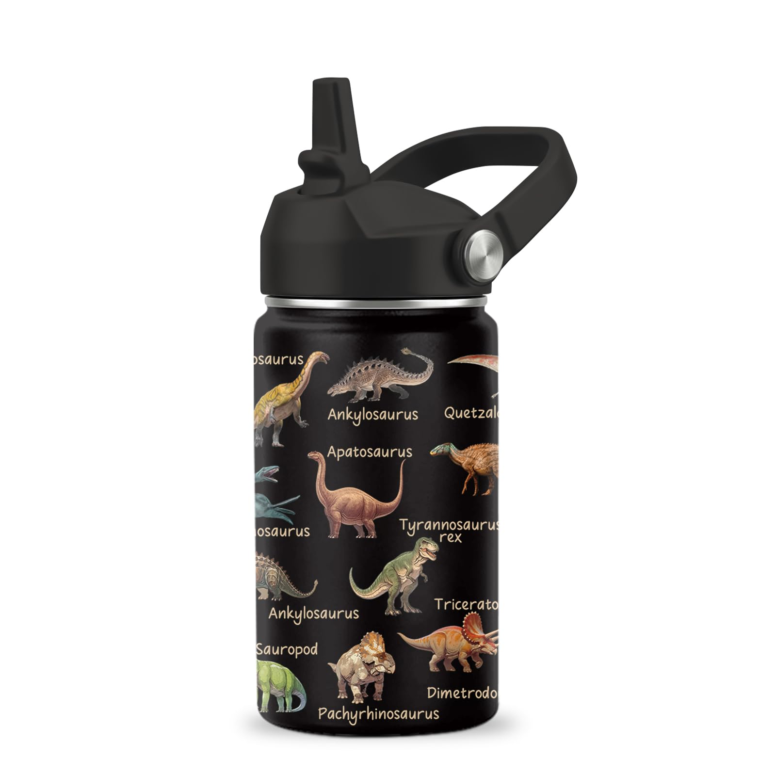 Dinosaur Gifts for Boys 12 oz Water Bottle with Straw Lid Stainless Steel Vacuum Insulated Bottle Leakproof Dinosaur